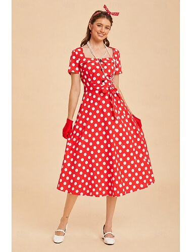  Zestaw Lata 50. Retro / vintage Rockabilly Południe Sukienka Naszyjniki Opaska na głowę z akcesoriami Krótkie rękawy Dopasowany i rozkloszowany Groszki Obcisła i rozszerzona Kwadratowy dekolt Strój