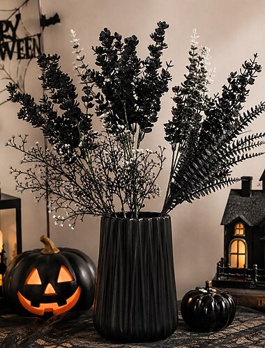  ハロウィンの黒い造花ブーケ7個、ゴシック風のフェイクユーカリとシダの茎、花瓶アレンジメント用、屋内屋外の家、暖炉のマントルピース、ダイニングテーブル用のメンテナンスフリーのフラワーデコレーション
