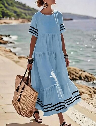  Damen Maxikleid Sommerkleid A Linie Kleid Figurbetontes Kleid Urlaub Party Lässig Outdoor Strand Party Lässiger Schnitt Grafik Geometrisch Kurzarm Rundhalsausschnitt Blau Gelb Knackmandel Purpur