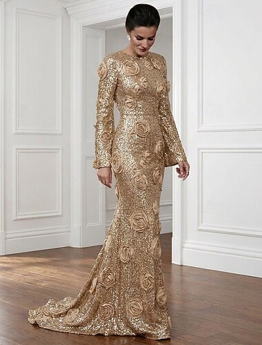  Sjöjungfru trumpet Kapellsläp Balklänningar Kvälls klänningar Formell klädsel Elegant party Kändis Stil Långärmad Rund hals Formell Svart slips Paljetter med Glitter 3D-blommor Paljett