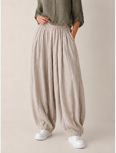  Calça lanterna feminina de linho orgânico com cintura elástica e bolsos.