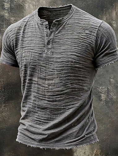  Herren T Shirt Leinen-T-Shirt Kurzarm Henley Sommer Frühling Einfarbig Texture Urlaub Vintage Sport Rohkante Lässig Heim Outdoor Weiß Wein Grün Top T-Shirt für Herren
