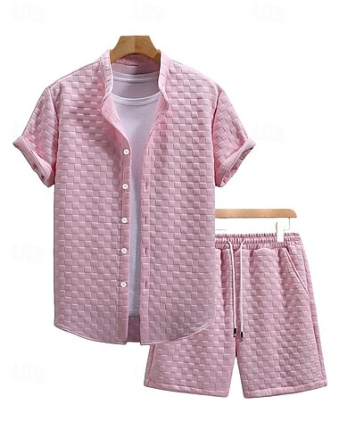  Per uomo Camicia a nido d'ape Due pezzi Set Camicia E Shorts Impostare Semplice Casuale Quotidiano Vacanza Colletto Manica Corta Estate Primavera Moda Casual Confortevole Abbigliamento