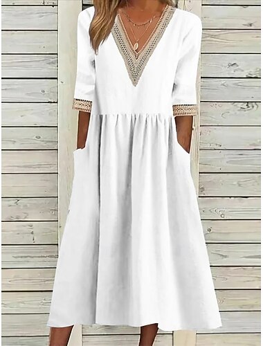  Damen Midikleid Spitzenkleid Weißes Kleid Freizeitkleid Sommerkleid Elegant Mode Strand Urlaub Wochenende Normale Passform Einfach Halbarm V Ausschnitt Weiß Marineblau Leicht Blau Sommer Frühling