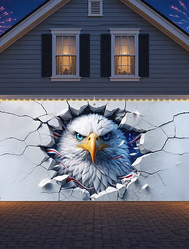  Garagentorabdeckung zum 250. Jahrestag der USA mit Lichterkette, 3D-optische Täuschung, Weißkopfseeadlerkopf aus 2D-Druck, rissige Wandkulisse, patriotische Dekoration für die Feierlichkeiten zum 4. Juli