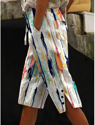  Dames Katoenen linnen shorts Capri broeken Vakantie Vintage oma-stijl aan de kust Kuitlengte Medium Taille Grafisch Geometrisch Abstract Afdrukken Comfort Inelastisch Dagelijks Buiten Vakantie Wit