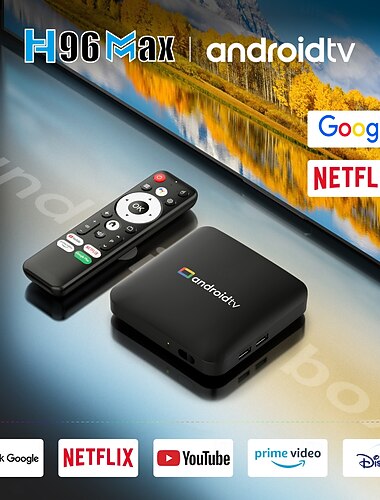  H96 Max Android TV Box 2GB + 16GB, reprodutor de mídia inteligente com streaming, controle remoto por voz com Google Assistente, compatível com Netflix, YouTube, Disney+, Prime Video e Google Play