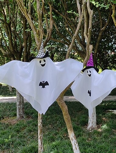  Lot de 2 décorations d'Halloween à suspendre, fantômes blancs avec ailes de chauve-souris, décorations extérieures mignonnes pour jardin, porche, arbre, fête d'Halloween