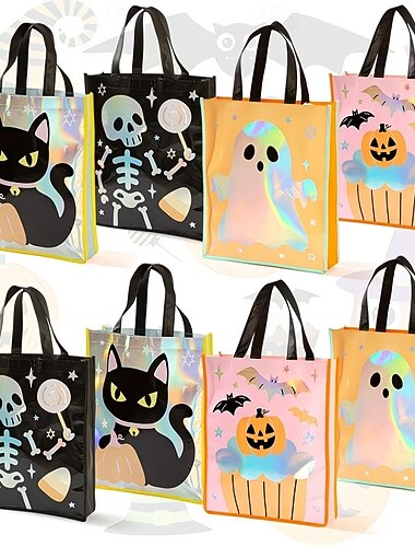  8 stk. gjenbrukbare ikke-vevde Halloween-vesker, Halloween-gaveposer med gresskar og svart katt til knask eller knep, godteri, festgaver, shopping, julepynt, klasseromsarrangementer og gaveemballasje