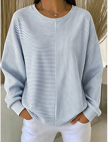  Mulheres Moletom Imprimir Gráfico Listrado Casual Manga Longa Gola Redonda Tops regulares Casual Azul Rosa Roxo Primavera Outono Inverno