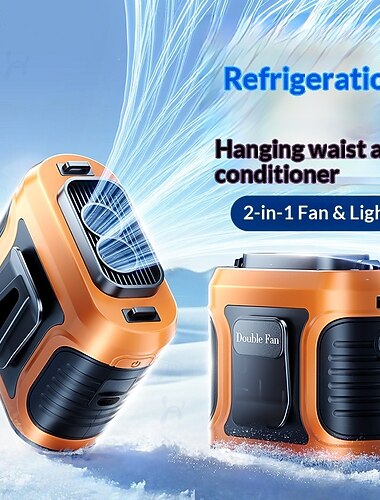  Ventilador portátil de cintura con doble flujo de aire, ventilador de cinturón para refrescarse con manos libres, ventilador personal 2 en 1 recargable por USB con luz LED para trabajos al aire libre,