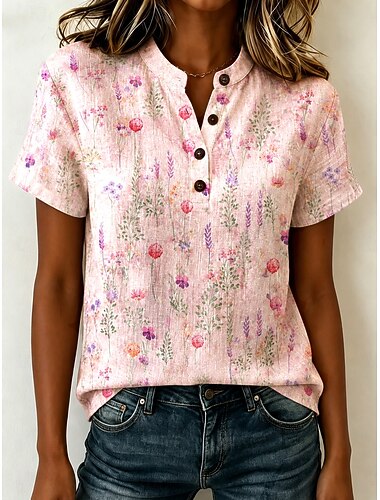  Per donna Blusa Floreale Grafico Elegante Vacanza Vintage Manica Corta Henry Collar Top Regolari Casuale Blu Rosa Estate Primavera