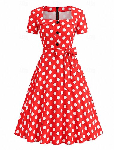  1950s Retro Antiguo Rockabilly Mediodía Vestidos Vestido acampanado Mangas cortas Ajuste y acampanado A Lunares Ajustado / Acampanado Escote Cuadrado Disfraz Mujer Carnaval Festival de Música
