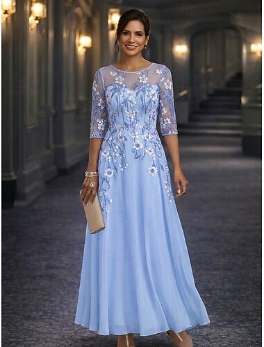  Ligne A Longueur au sol Robe en Dentelle Robe de Mère de Mariée  manche longue Manche 3/4 Col ras du cou Élégant ancien Formel robe demoiselle d honneur Fête de mariage Chiffon Dentelle avec Broderie