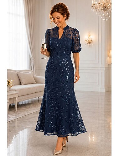  A-linje Kjoler Ankellengde Kjole til brudens mor Kortermet V-hals Elegant Luksuriøs Glitrende Formell Bryllupsgjest Semi-formelt Blonder med Perlearbeid Paljett