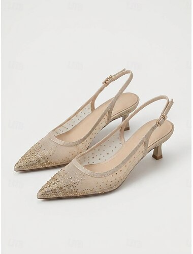 női pezsgőszínű hálós, slingback magassarkú cipők - színátmenetes strasszos, hegyes orrú, cicasarkú, esti partira &koktélruha