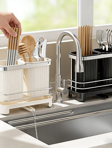  Küchen-Abtropfgestell mit selbstabtropfender Schale, Besteckhalter für Essstäbchen, Löffel und Besteck, rutschfester Abtropffläche für die Arbeitsplatte, schnelltrocknender Spülbeckenorganizer für