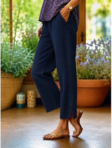  Dam Jeans Denim Chino Fullängd Naturlig Solid färg Ficka Bekväm Oelastisk Ledigt / vardag Marinblå Höst Lös passning