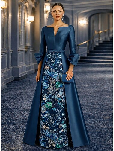  A-Linie Bodenlang Ballkleid mit Cape Abendkleid Elegant Blumen seidig Langarm V Ausschnitt Abschlussball Hochzeit Satin Paillettenbesetzt mit Glitzer Paillette Perlenbestickt