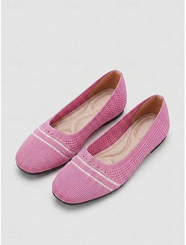  damesko i rosa stripete strikkede ballerinasko med polstret komfortsåle – pustende, lette slip-on-sko med firkantet tå for uformell pendling, reiser, shopping og hverdagsbruk