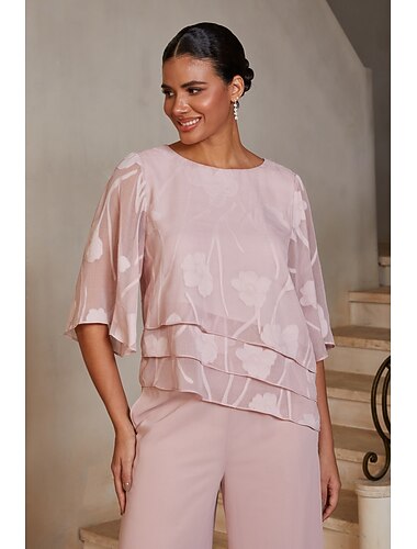 Femmes Chemisiers Col ras du cou Demi Manches Manche flottante Élégant Décontracté Quotidien Occasionnel Quotidien avec Épuisement professionnel Floral Ourlet à volants étagés Rose