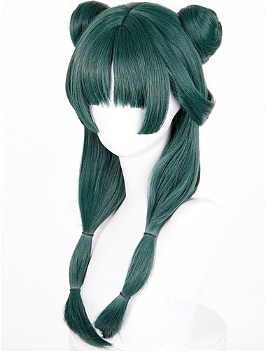  zielona peruka do cosplayu anime z podwójnymi kokami, grzywką i długimi, podwójnymi ogonami – włosy w stylu starożytnego pałacu