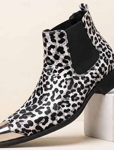  Botas Chelsea masculinas com estampa de leopardo – botas de cano curto estilosas, calçado slip-on de grife para festas, shows, vida noturna e eventos especiais.