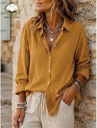  Damen 100% Baumwolle Durchgeknöpft Hemd Textur Knöpfe Täglich Langarm Lässig Gelb Rosa Beige Frühling, Herbst, Winter, Sommer
