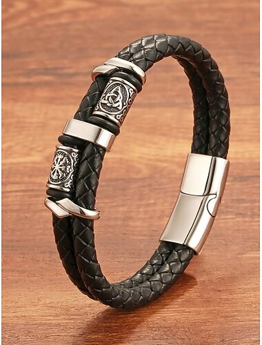  Vikingarmband voor heren, gevlochten, van imitatieleer en legering, met veelkleurige Scandinavische runen, geschikt voor casual gebruik, bikerstijl, outdoor mode, cadeau voor hem