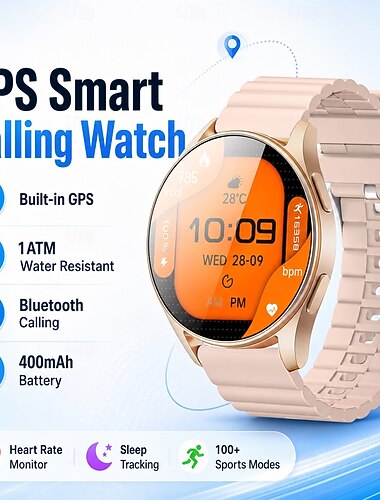  GPS smartklocka för män och kvinnor med Bluetooth-samtal, inbyggd GPS, 1,3" 360x360 HD rund skärm, 1 atm vattentät, 400 mAh batteri, 100+ sportlägen, fitnesstracker, pulsmätare och sömnmätare