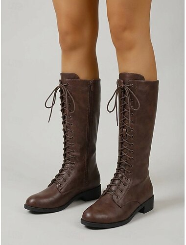  Bruine dameslaarzen tot halverwege de kuit met vetersluiting en ritssluiting aan de zijkant - vintage rijlaarzen met ronde neus en lage hak, perfect voor casual wandelen, reizen en de