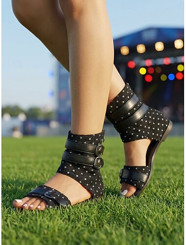  Sandálias femininas pretas de bolinhas para festivais - modelo rasteiro boho rock com bico aberto e tira no tornozelo, com fivela dupla, perfeitas para o Coachella e raves. &festa ao ar livre