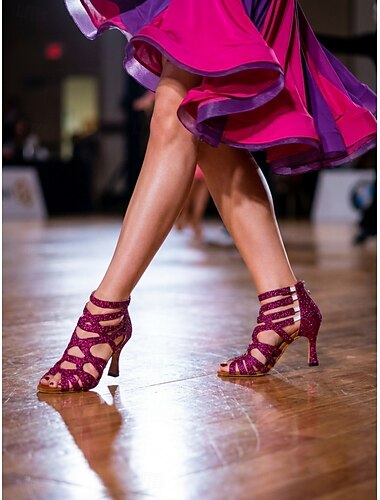  Fuchsia glitter latin dansesandaler for dame – høyhælte ballroom salsasko med glitrende flerstropp for bachata og tango &sosial dansing