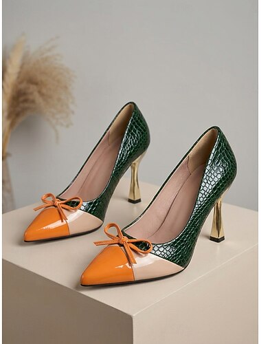  Escarpins vert foncé pour femme - bout pointu et talons aiguilles dorés effet croco, parfaits pour le bureau, les réunions professionnelles et les occasions spéciales.