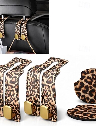  Luipaardprint autoaccessoires set van 4: 2 autohaken voor hoofdsteunen voor handtassen en tassen + 2 autoonderzetters, stijlvolle hangers met dierenprint voor de rugleuning van de autostoel