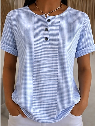  T-shirt waffle per donna stampa bottoni sul petto grafica geometrica a quadri stilosa classica moderna a maniche corte Henley top lunghi quotidiani blu giallo rosa rosso viola chiaro estate primavera