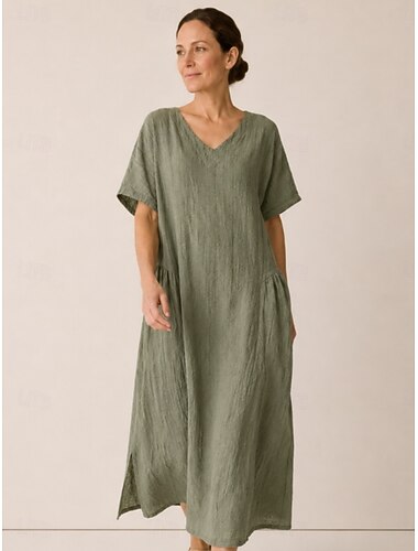  Vestido midi feminino de algodão e linho com decote em V e mangas curtas