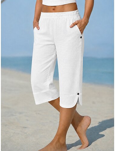  Damen Caprihose Urlaub Basic Wadenlang Hohe Taille Bequem Unelastisch Alltagskleidung Weiß Schwarz Dunkelmarine Hellblau Sommer Frühling Normale Passform