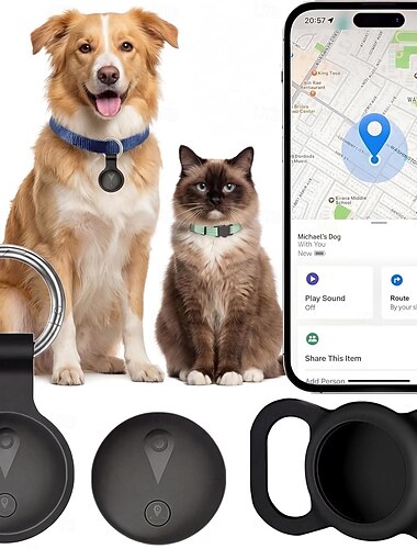  Smart GPS-spårare för hundar och katter, fungerar med appen Hitta mitt (endast iOS), global Bluetooth-sökare, vattentätt silikonfodral &Halsbandshållare för husdjur, nycklar, väskor, utan
