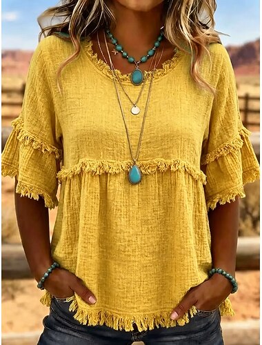 Damenbluse mit Fransenbesatz, Peplum-Schnitt, ausgefranstem Rand, Rundhalsausschnitt, kurzärmelig, strukturiert, lässiges Tunika-Top