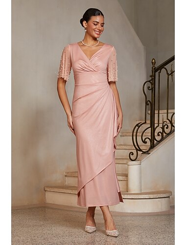  Femmes Fourreau Colonne Robe de Cocktail Robe d'invité de mariage Longueur cheville Col en V croisé Demi Manches Manche en maille Taille empire Élégant Décontracté Quotidien Semi-Formel avec Tissu