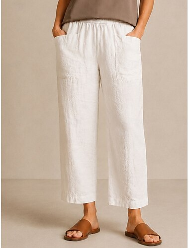  Pantaloni da donna in lino 100% europeo, vita media, lunghezza intera, tasche, elastico in vita, stile vintage, resort, casual, blu, bianco, kaki