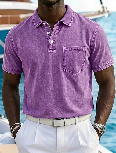  SoftFade™ Herren Polo-Shirts 100% Baumwolle Acid Wash Shirt Lässiger Urlaubs-Lapel Kurzarm Mode Basic Unifarben Vintage Verwaschen Sommer Frühling Reguläre Passform Dunkelbraun Schwarz Hellgrün Rosa