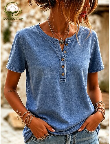  softfade™ dames henley shirt van 100% katoen, vintage gewassen T-shirt met korte mouwen, normale pasvorm