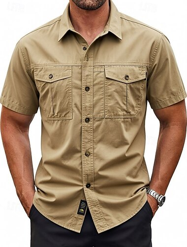  Férfi Ing Alkalmi ing Munkaingek Gombos póló Cargo ing 100% Cotton Acid Wash ing Fekete Sárga khakizöld Sötétkék Katonazöld Rövid ujjú Sima Állógallér Hétköznapi Napi Elülső zseb Ruházat Divat Utcai