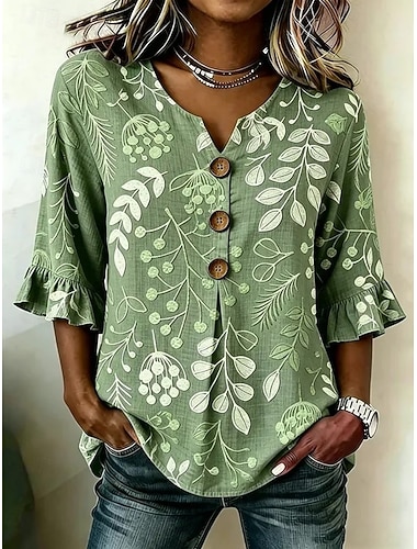  Per donna Camicia casual Top estivi Blusa Bottoni Ombre Floreale Grafico Elegante Bohemien Vacanza Scollo a V Top lunghi Casuale Blu Rosa Verde Estate Primavera Autunno Inverno
