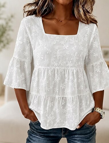  Dam Spets toppar Rynkad Jacquard Konsistens Elegant 3/4 ärm Fyrkantig hals Ledigt Vit Sommar Vår