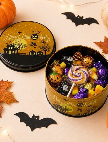  Rund halloween-blikkboks, dekorativ metallbeholder for oppbevaring av godteri, kjeks, godbiter og småting, tom gaveemballasjeboks, halloween-festgave og hjemmedekor