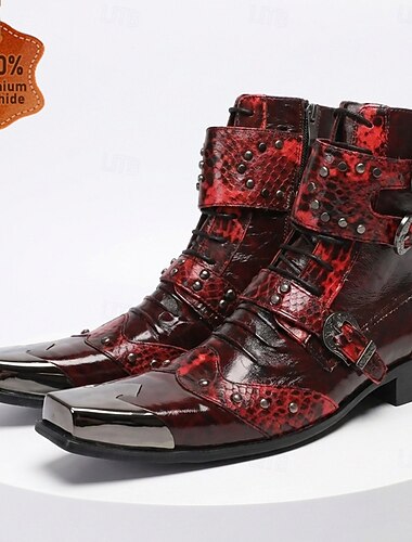  Botas masculinas vermelhas estilo western para motociclistas – botas de cano curto com fivela exótica, calçado vintage de cowboy para andar de moto, shows, festivais de música e vida noturna.