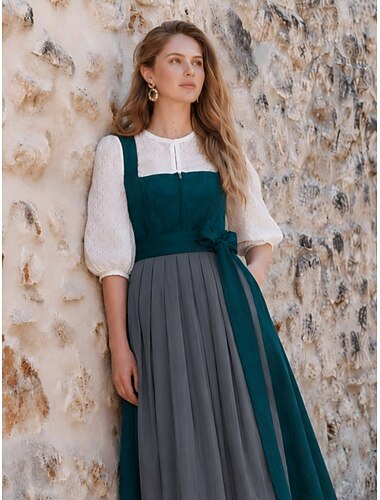  Oktoberfest Vestido Dirndl Comprimento Midi Avental com aparência de cetim Com bolsos Decote Balconette Empregada Bávaro Alemão Alpino prados Mulheres Carnaval Festival da Cerveja Pano de Estilo